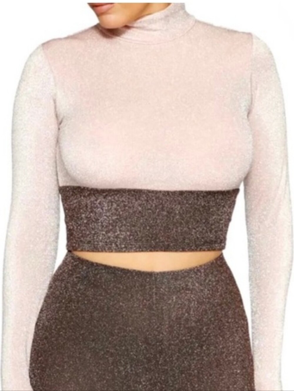 Naked Wardrobe Shimmery Two-Tone Long Sleeve Stretch Bodycon Crop Top Sz S New